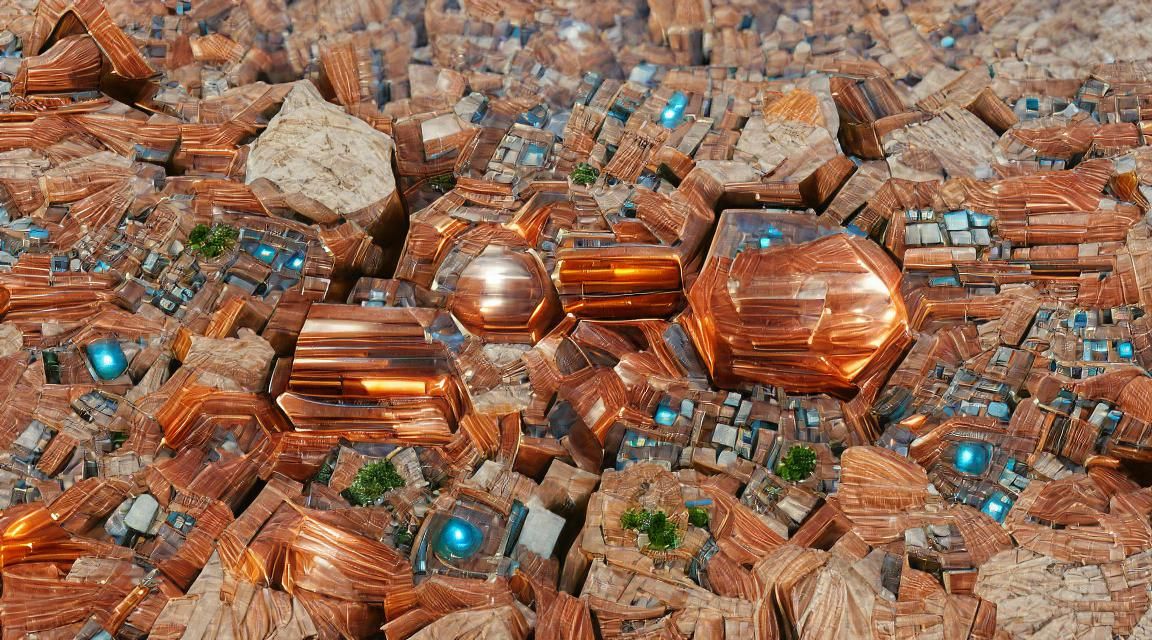 Copper Crystalline City Spanning Earth in Hyperrealistic 3D