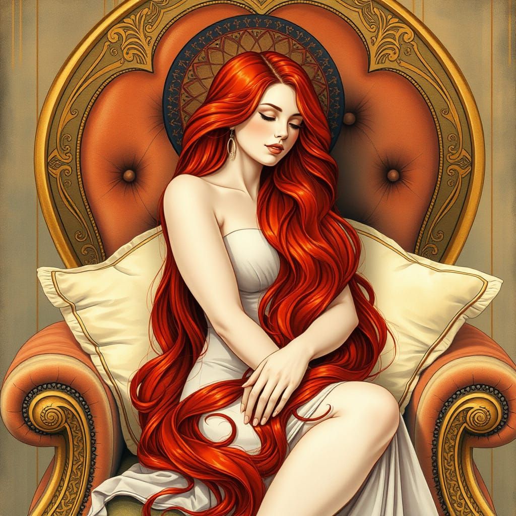 Elegant Red Haired Woman in Art Nouveau Chair