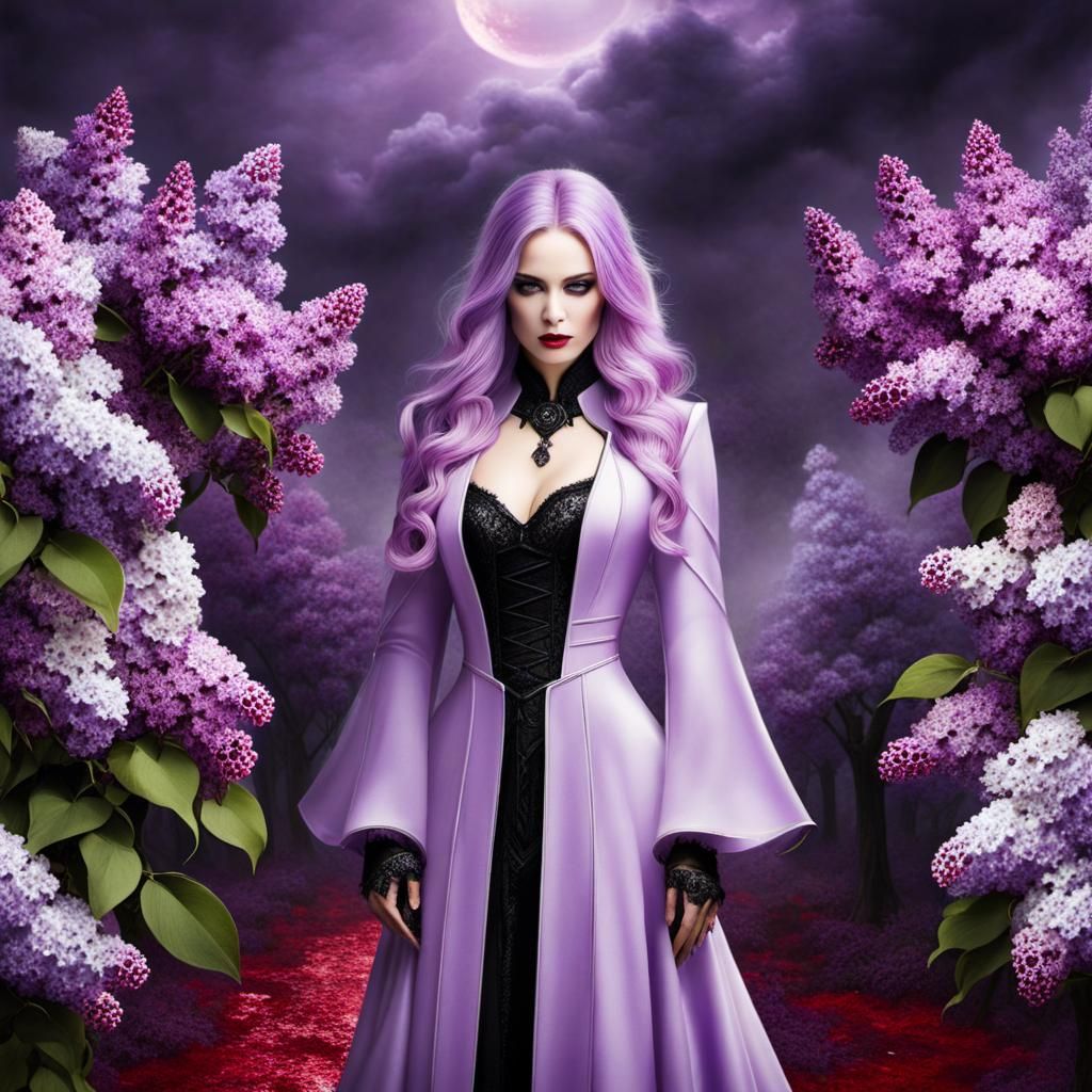 Surreal Portrait: Pale Woman Praying with Bloody Lilacs