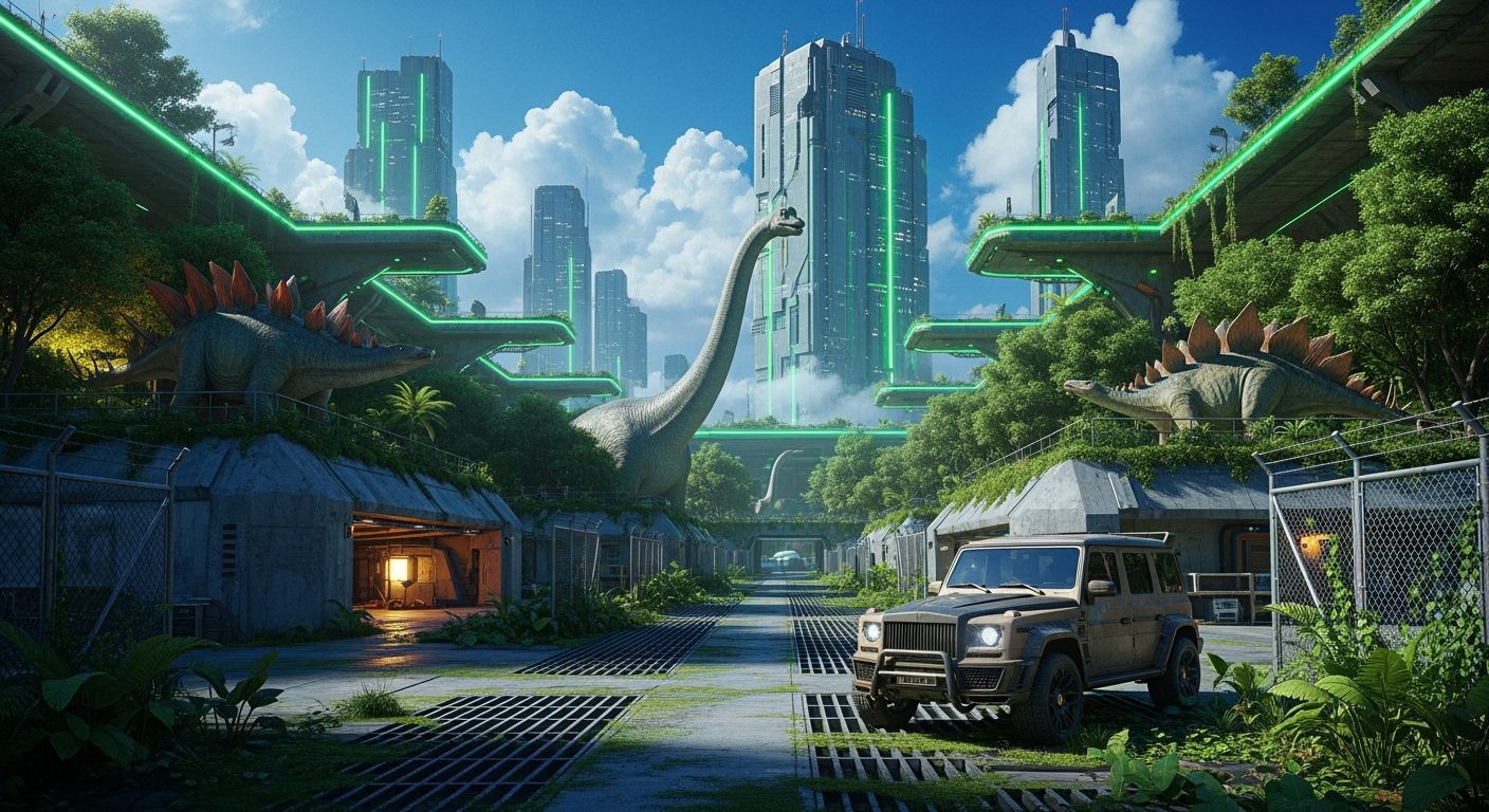 Futuristic Industrial Zone with Dinosaurs at Twilight