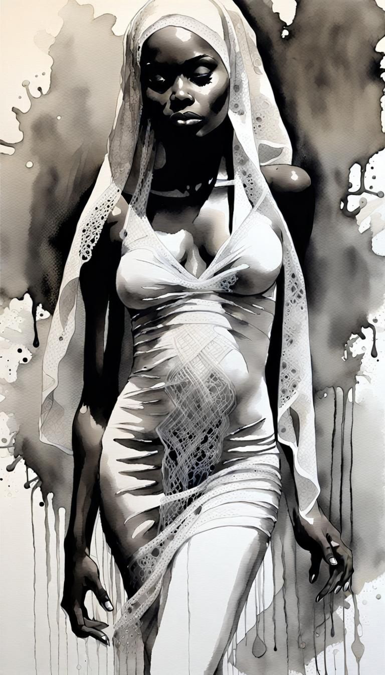 Monochrome Watercolor of Woman in Veils