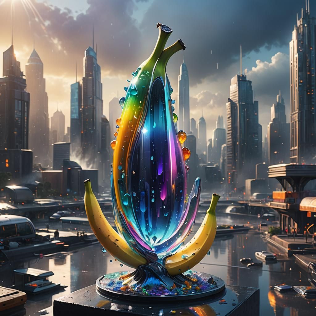 Rainbow Glass Banana in a Futuristic Cityscape