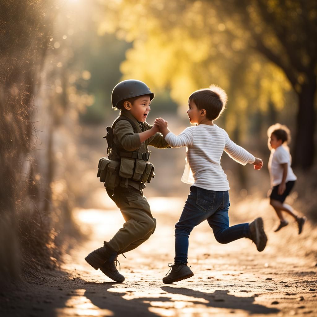 Soldier Leads Children with Dove in Flight