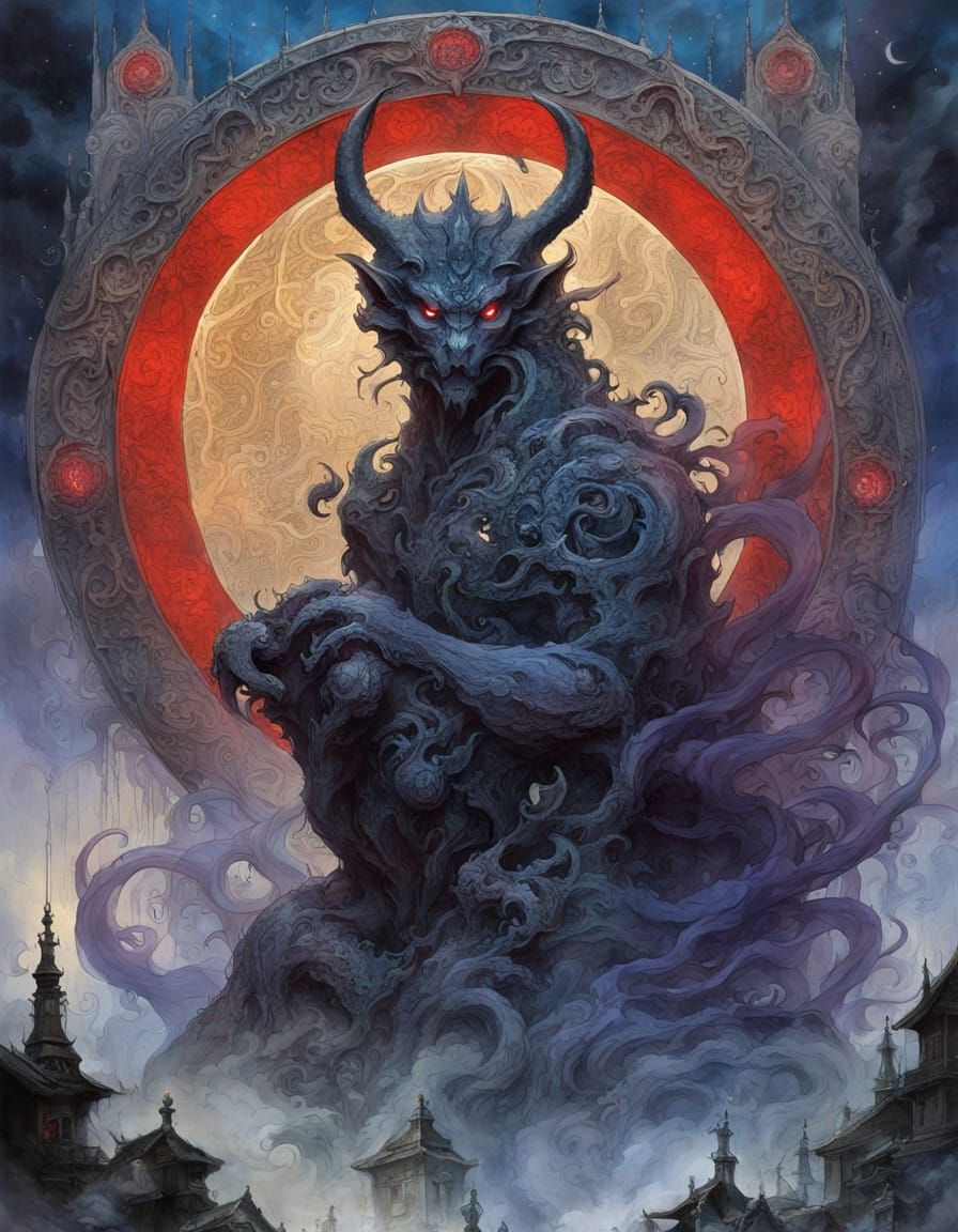 Ethereal Red Specter Majestically Circles Gargoyle Statue in...