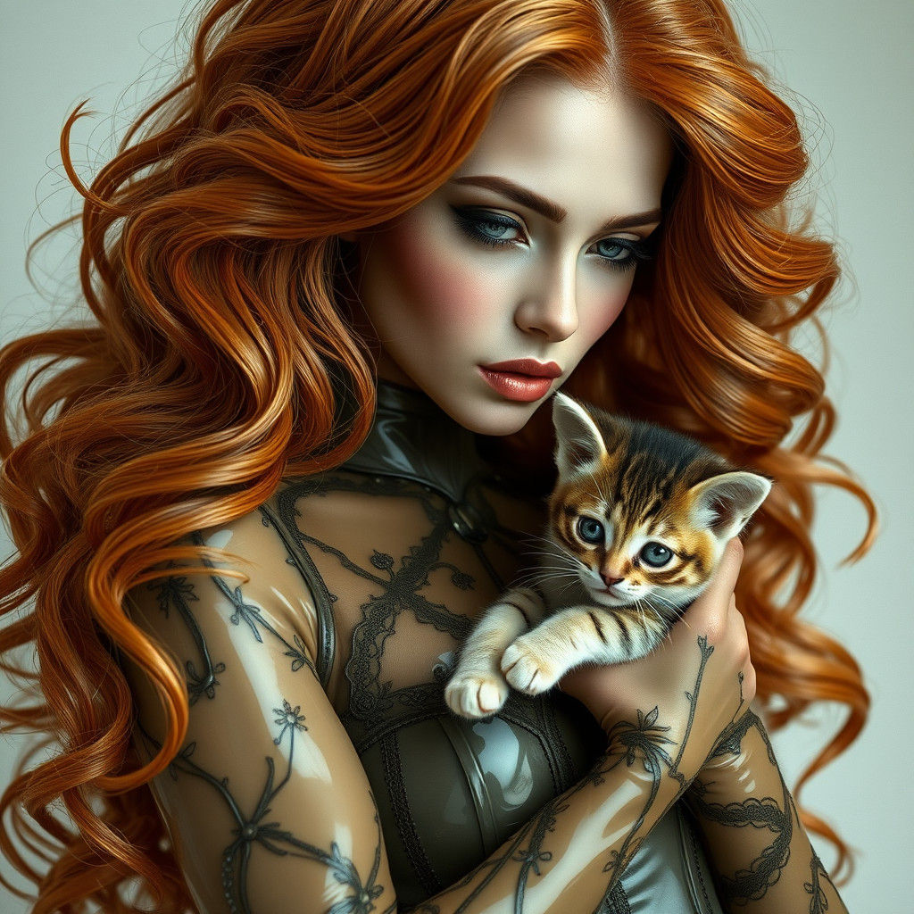 Woman in Latex Dress Holding Kitten