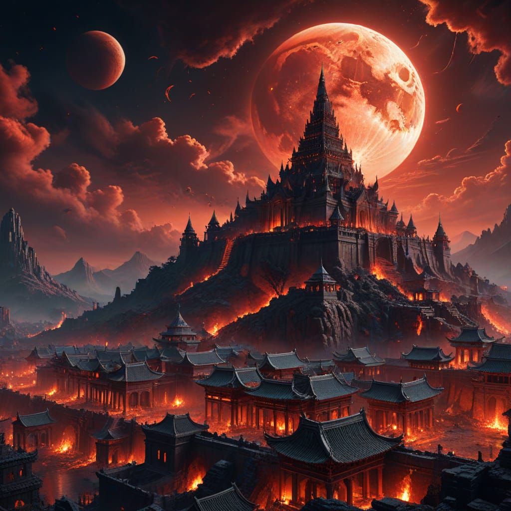 Epic Fantasy Cityscape Under Blood Moon