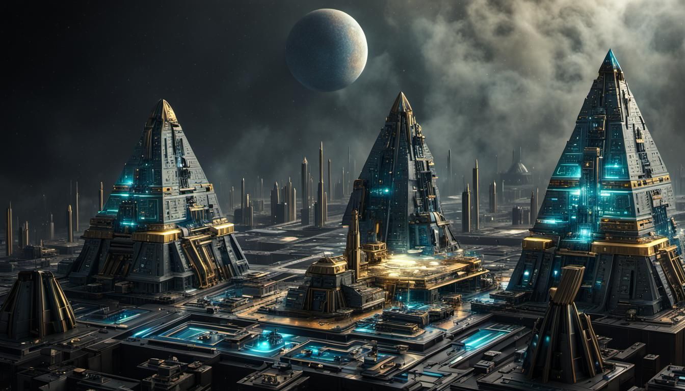 tall 3d pillar shaped building with pyramid on top, style complex quantum computer chip on alien motherboard, dark multi...