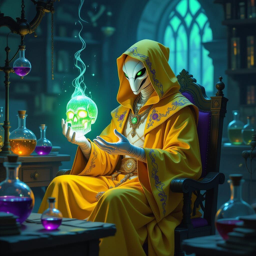 Mantis Alchemist Holds Glowing Crystal Skull in Lab