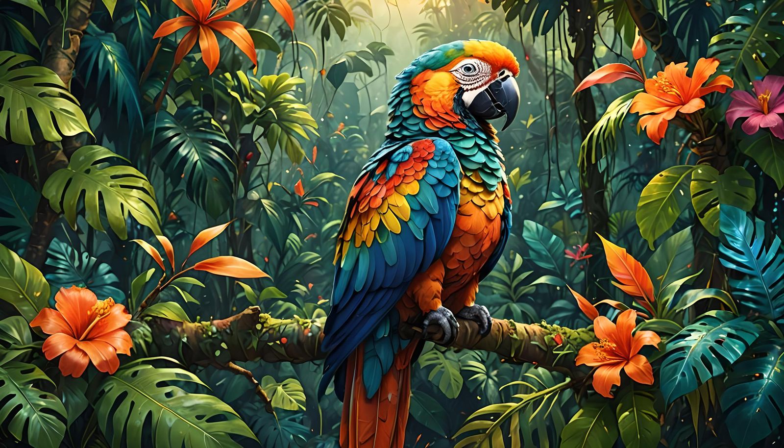 Vibrant Parrot in Tropical Rainforest: Detailed Matte Painti...