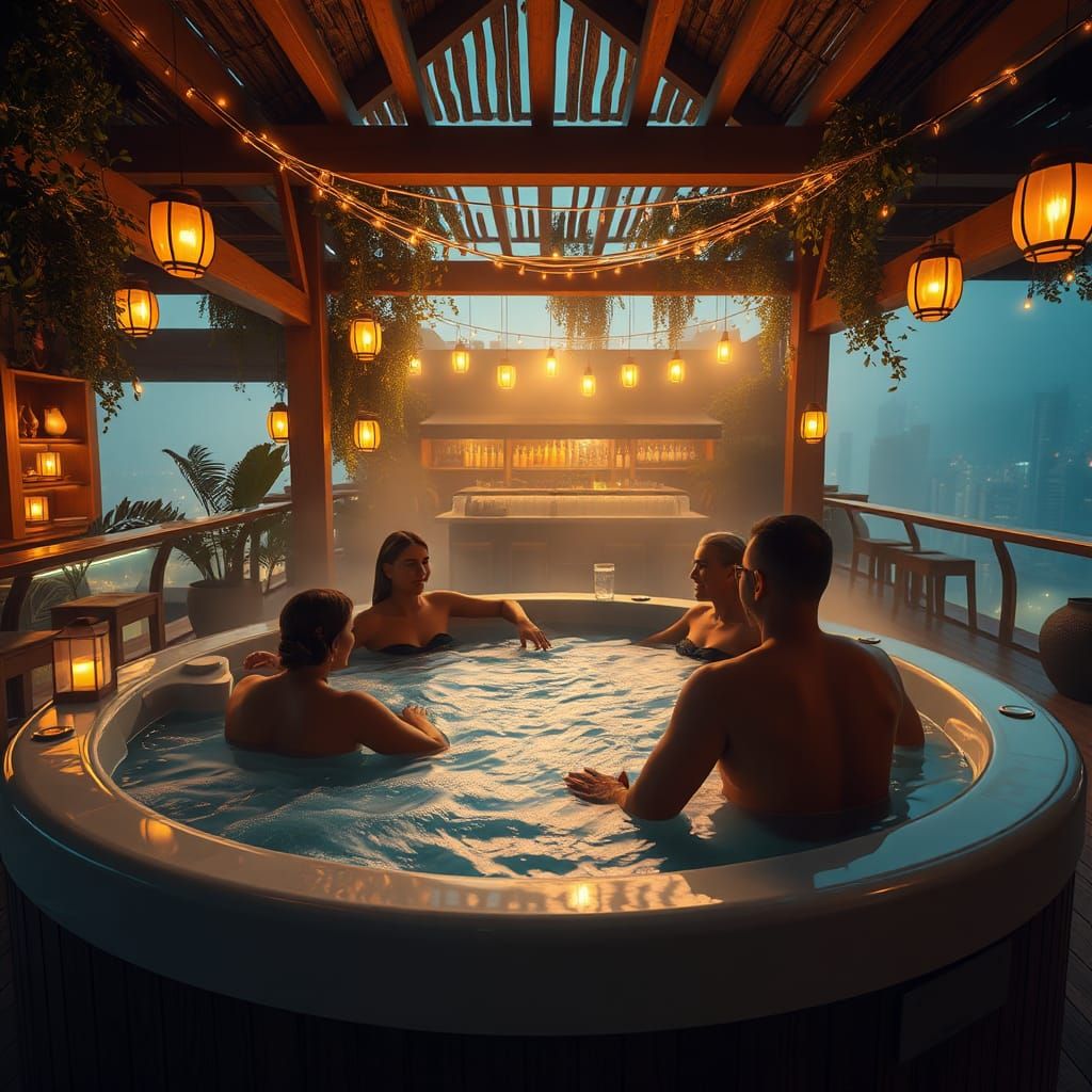 Rooftop Jacuzzi with Friends in Luxurious Setting