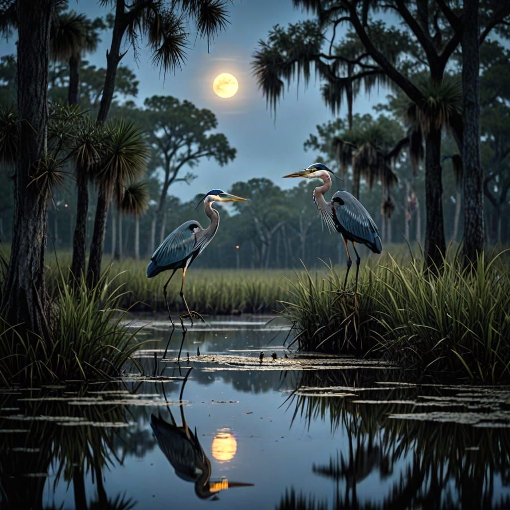 Moonlit Florida Swamp with Blue Herons