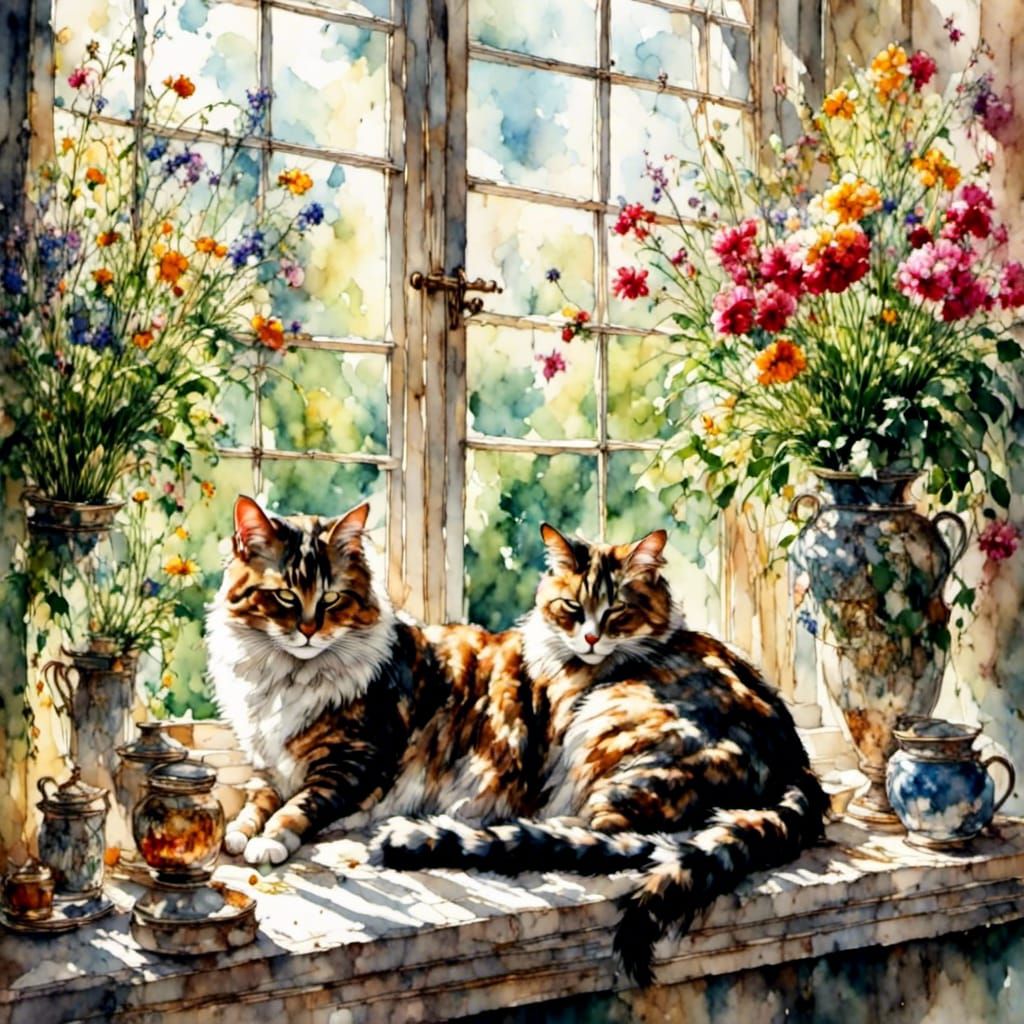 Tabby Cat Sleeping in Sunny Window: Watercolor Style