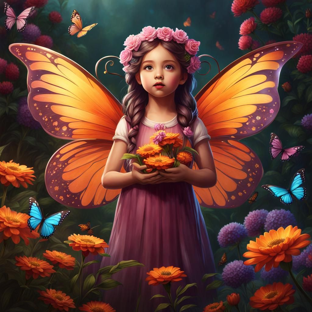 Winged Girl with Flowers and Butterflies