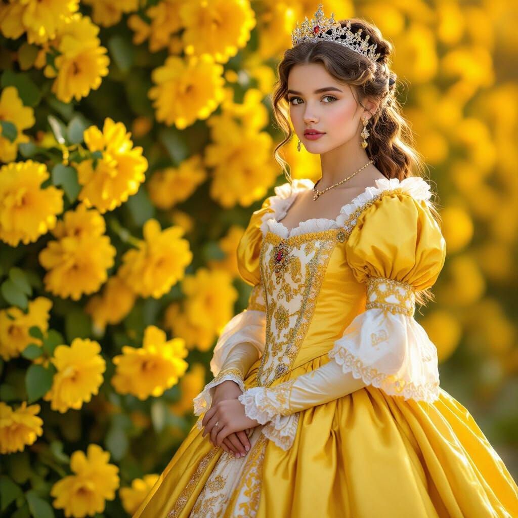 Regal Young Queen in Elaborate Yellow Gown