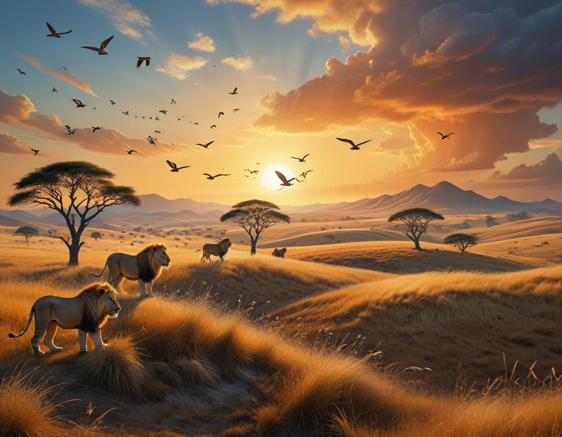 Lions Silhouetted Against Vibrant Sunset Savanna Landscape