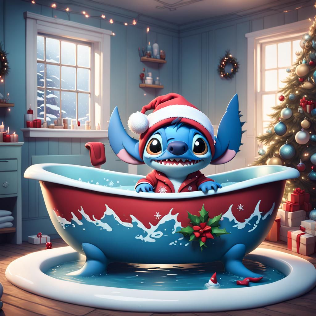 Stitch in Christmas Bathtub: Detailed Matte Painting