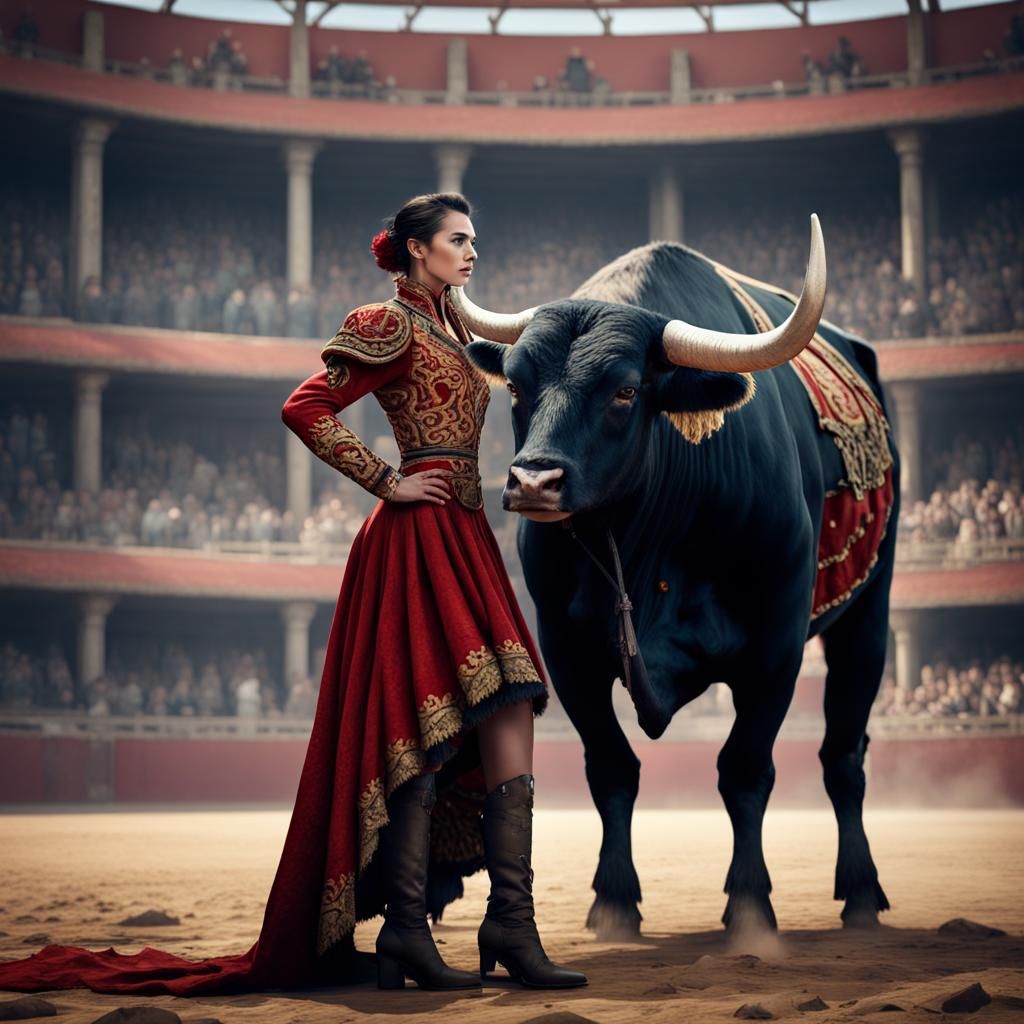 Female Matador in Arena: Detailed Matte Painting