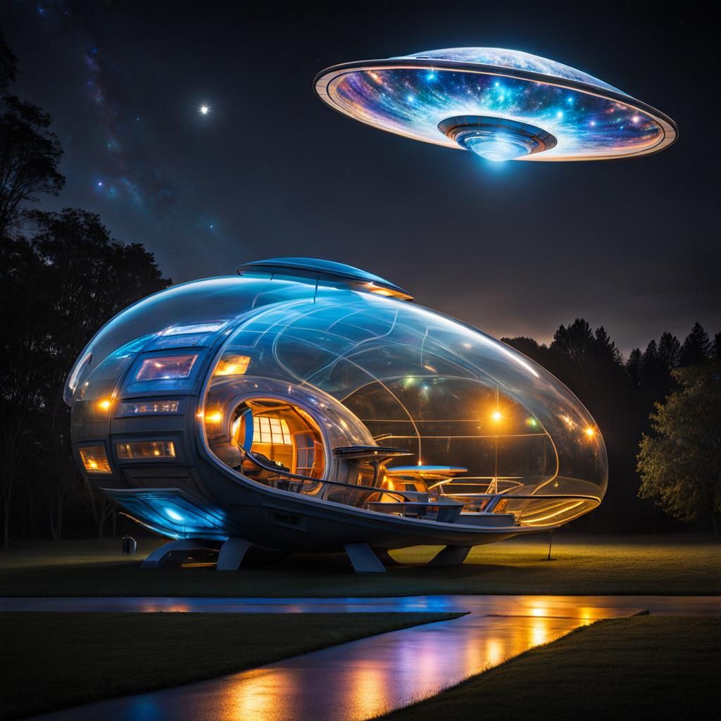 Translucent Spaceship with Polycarbonate Aliens in Galaxy