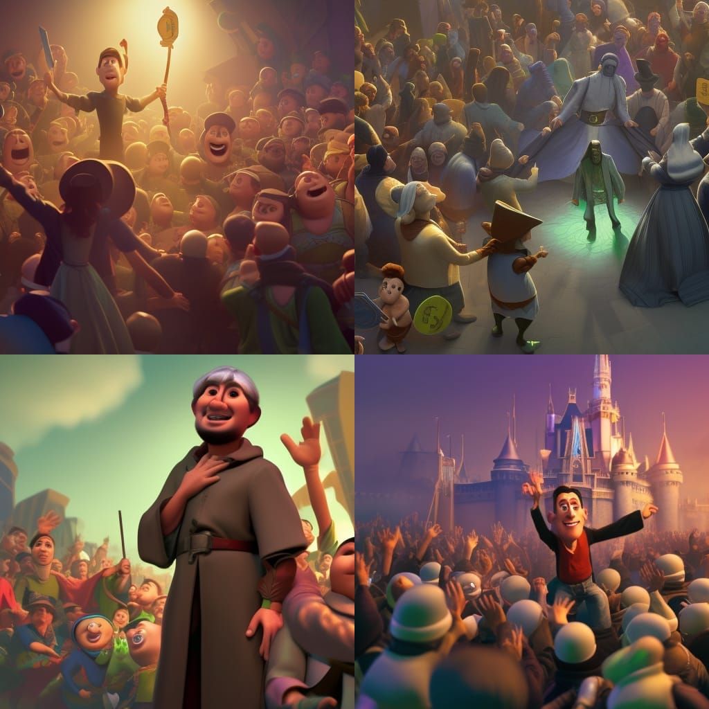 Cleric Receives Money from Peasants: Pixar-Style 3D Art