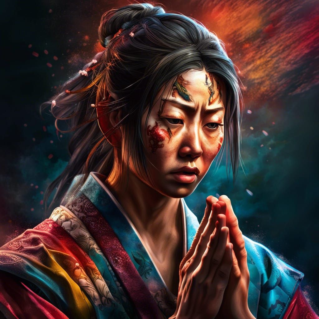 Japanese Woman Warrior Praying: Hyperrealistic Concept Art