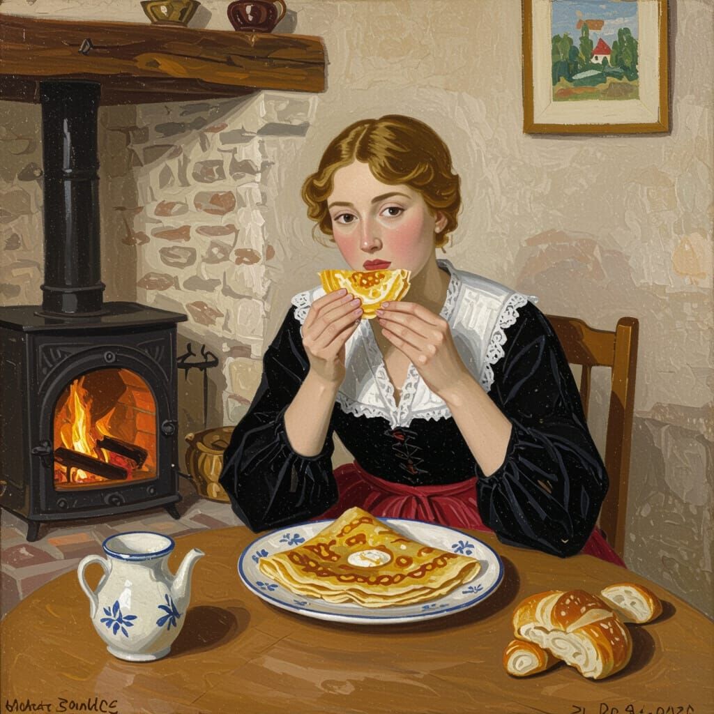 Breton Woman Eating Crêpe in Cozy Home, Impressionist Style