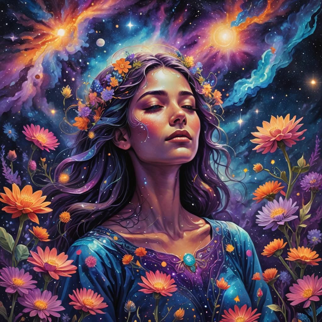 Astral Woman Surrounded by Cosmic Blooms