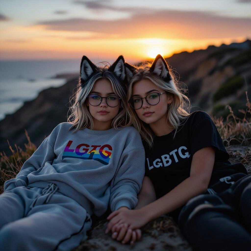 Sunset Embrace: Two Girls on Cliff Edge