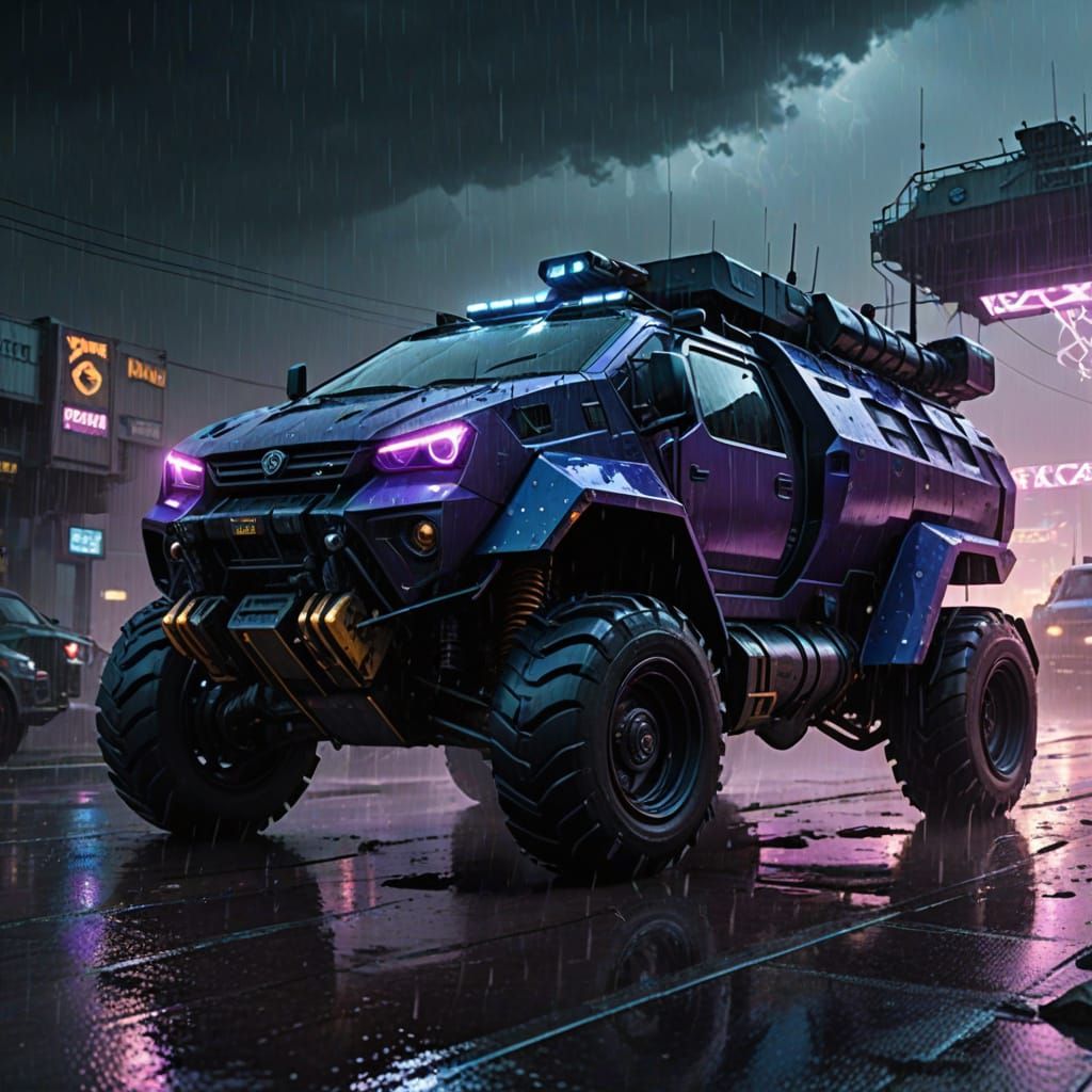 Cyberpunk Armoured Car Charging into a Turbulent Tempest