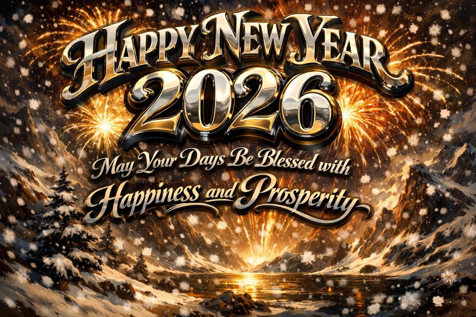 Happy New Year 2026 Chrome Lettering with Fireworks