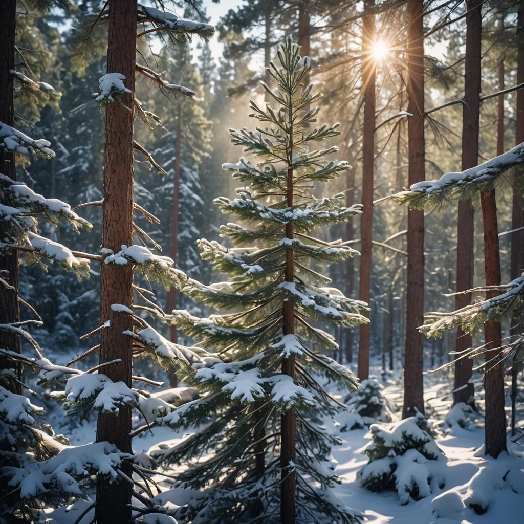 Winter Pines Sparkle in Sunlight: Cinematic Landscape