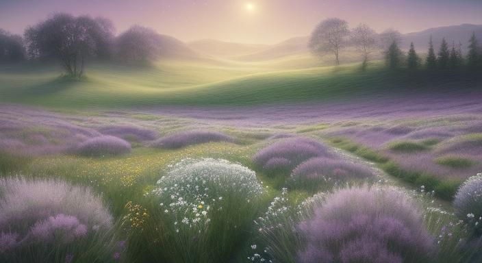 Surreal Landscape with Swirling Stars and Thistles