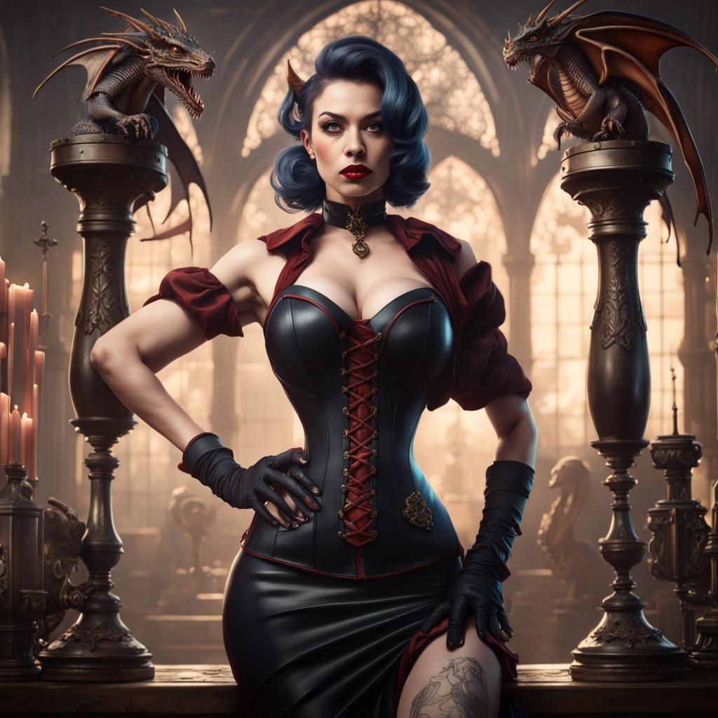 Gothic Pin-Up with Dragon Companion in Detailed Painting