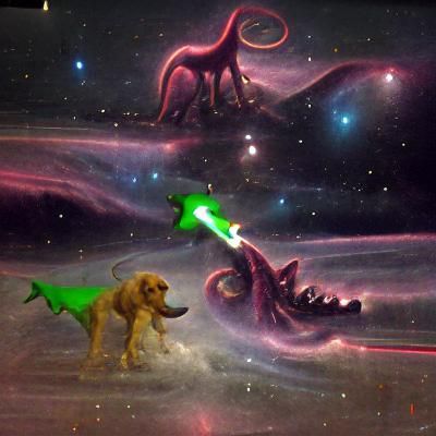 Dog Riding Dinosaur Shooting Laser at Cthulhu