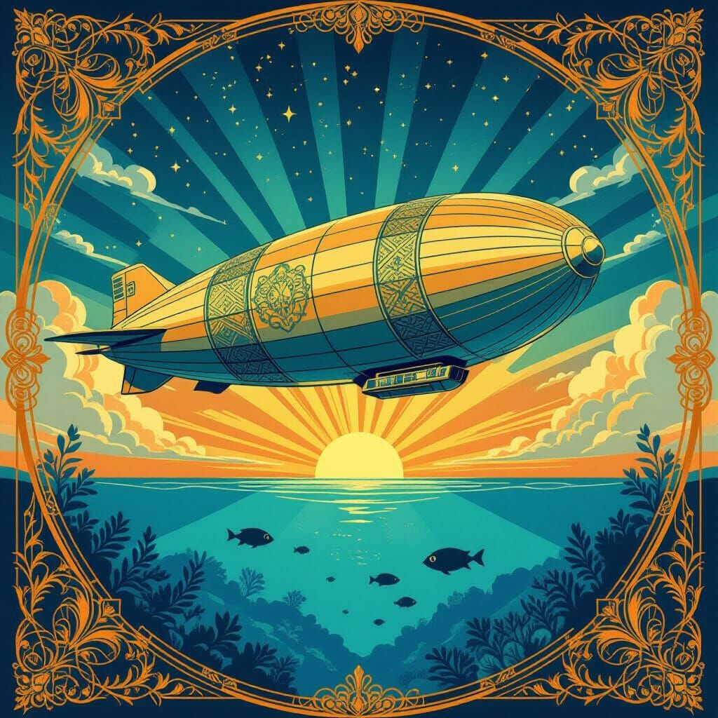 Art Deco Zeppelin Over Stylized Ocean