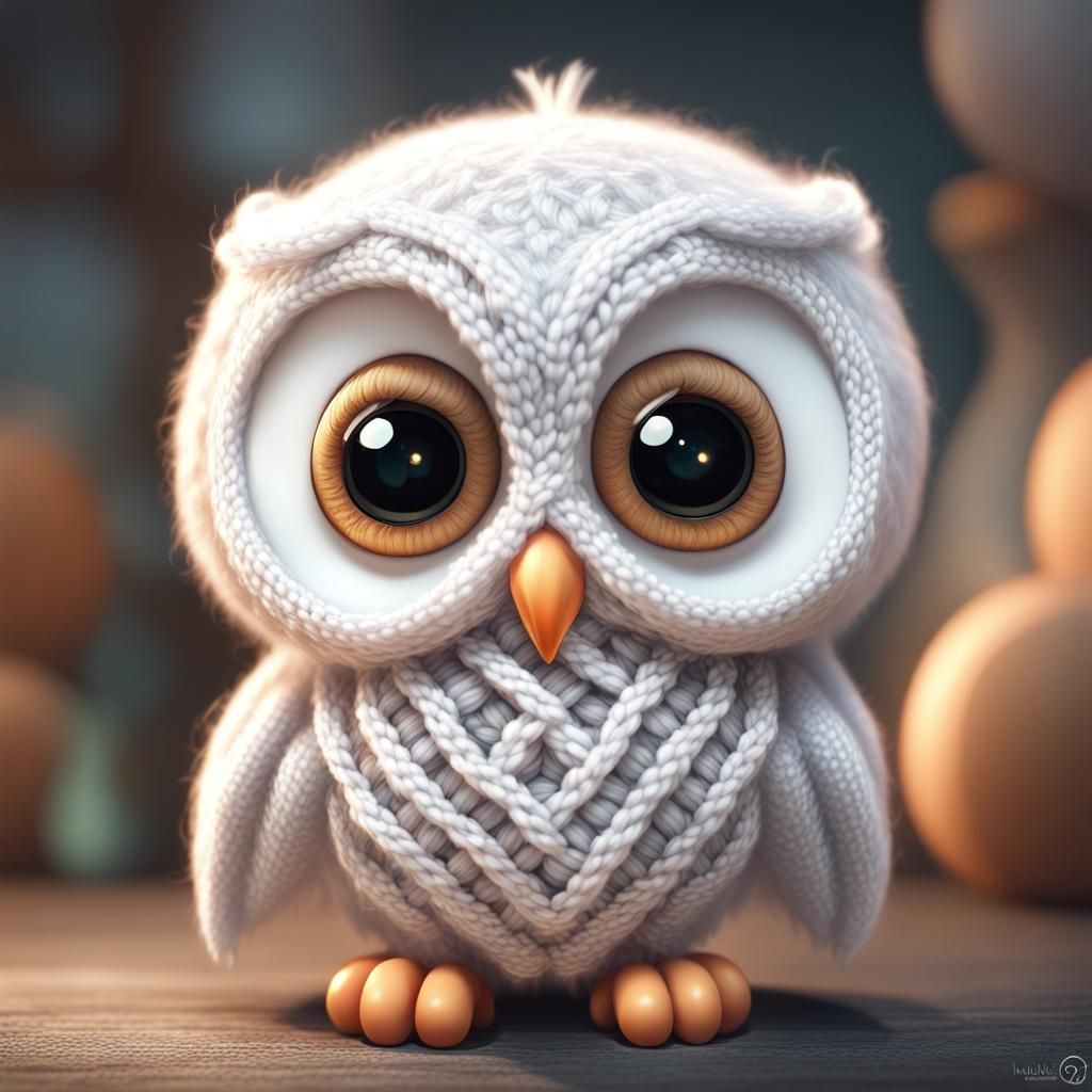 cute fluffy tiny white baby knitted yarn owl!!! Big beautiful eyes!! Insanely detailed portrait painting of an adorable ...