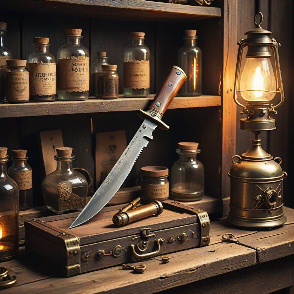Steampunk Still Life with Bowie Knife and Apothecary Bottle