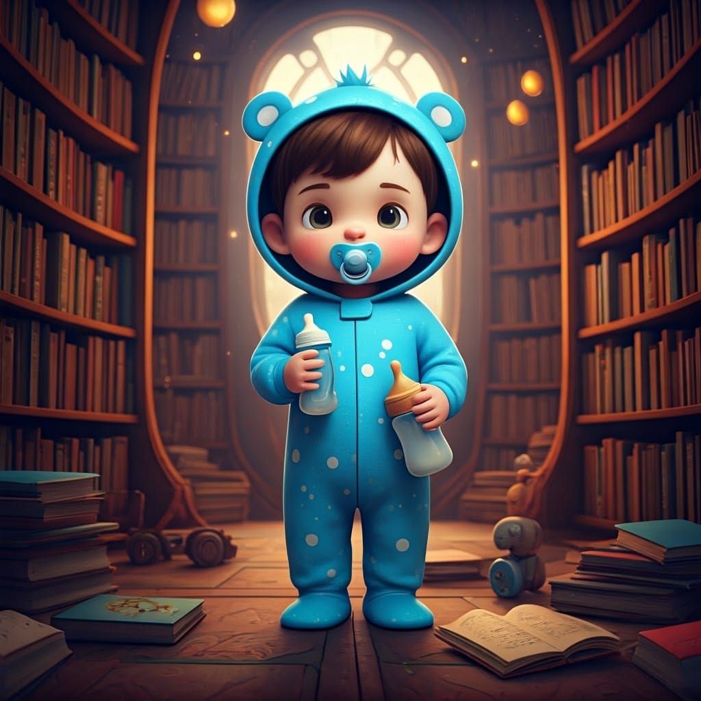 3D Whimsical Library Scene with Happy Toddler