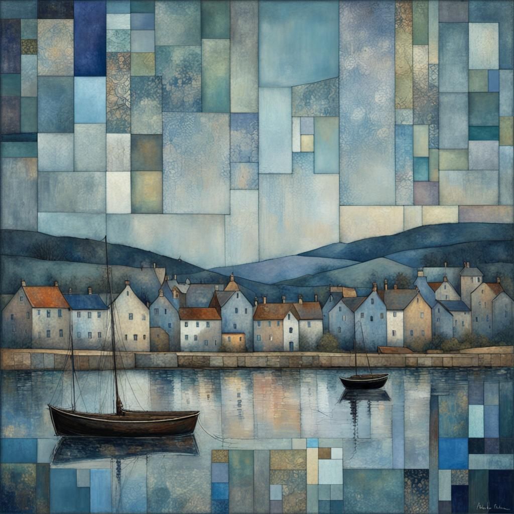 Patchwork Art with Holographic Blue Background