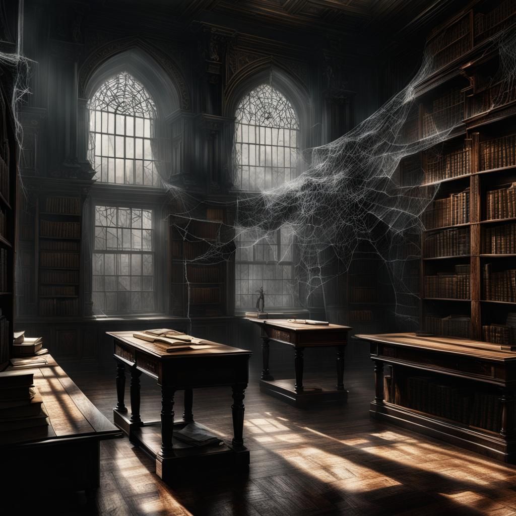 Shadowed Library Corner with Cobwebs: Digital Matte Painting