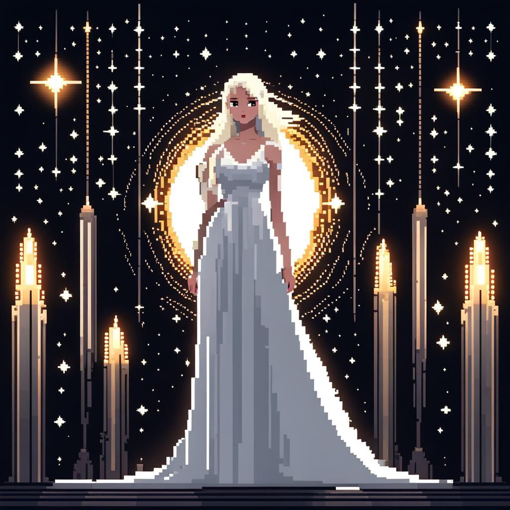 Girl in White Dress Glowing in Pixel Art Style