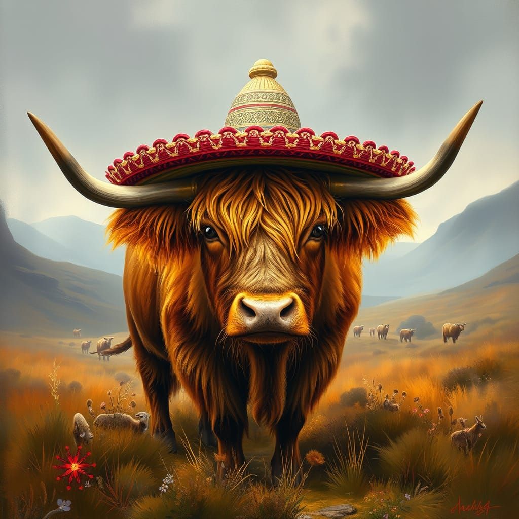 Highland cow in a sombrero hat