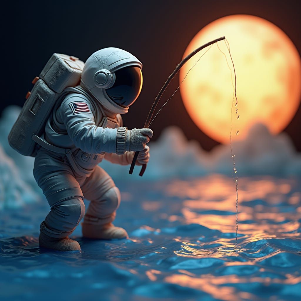 Astronaut Fishing on Origami Moon in Hyperrealistic Style