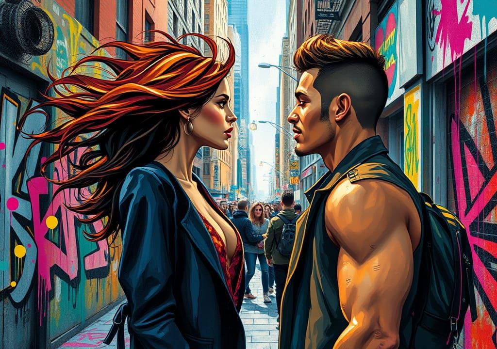 Serendipitous Street Encounter in Splash Art Style