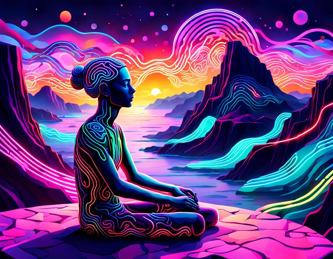 Melancholic Figure in Neon Noir Neurographic Art