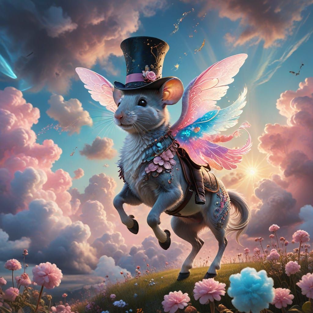 Magical Mouse Soars on Iridescent Wings in Whimsical Floral....