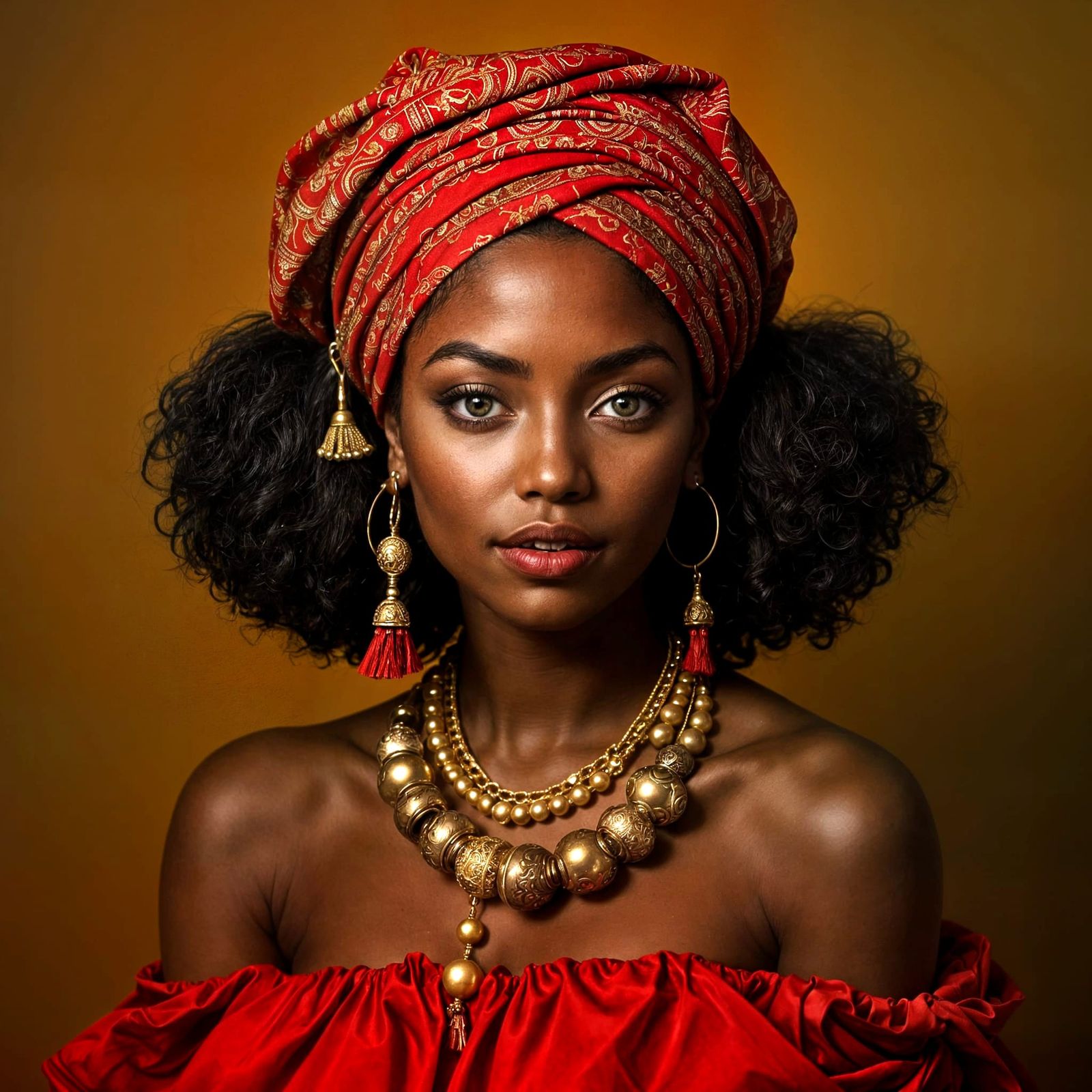 Elegant Portrait of Woman with Red Headwrap