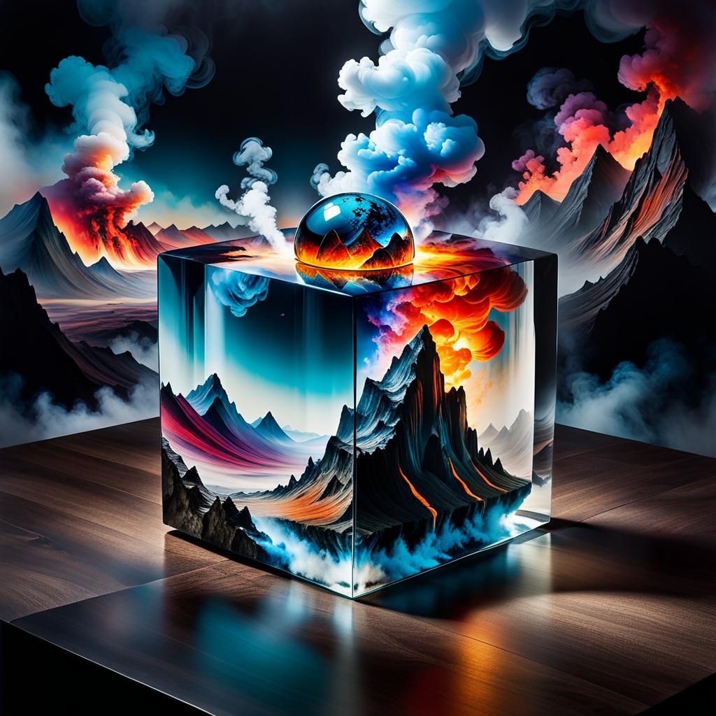 Abstract Earth Layers in Glass Cube, Alcohol Ink Style