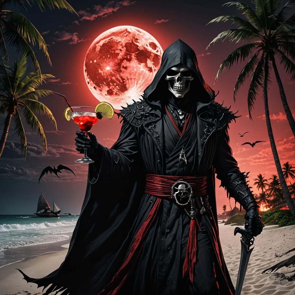 Grim Reaper's Tropical Cocktail: A Gothic Fantasy Scene