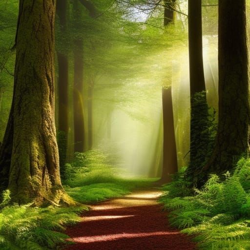 Enchanted Forest Scene with Sunlit Pathway