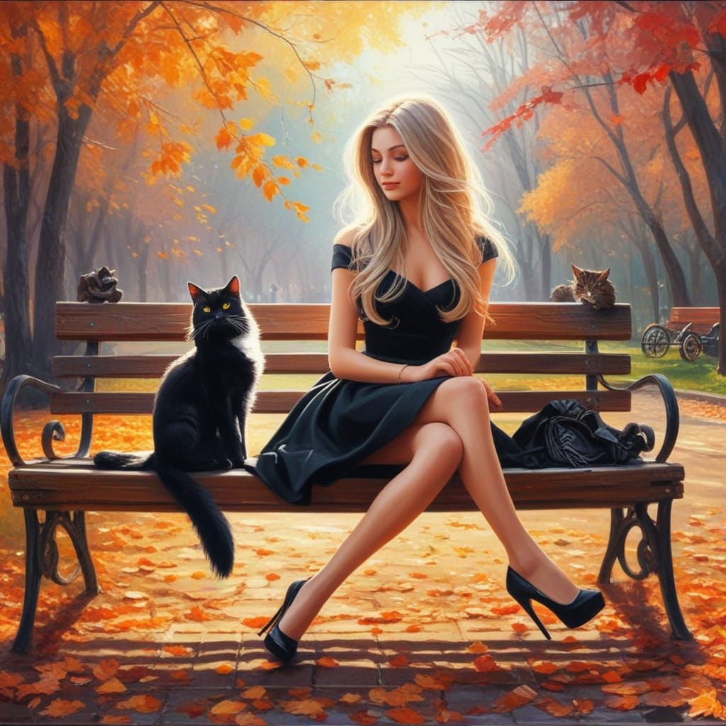 Autumn Park Scene With Young Lady And Black Cat
